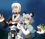 1girl ahoge anger_vein animal_ears be_(o-hoho) bespectacled biting blush bow capelet choker closed_eyes glasses hetero highres horns jealous long_sleeves morichika_rinnosuke mouse_ears mouse_tail nazrin night open_mouth red_eyes silver_hair sukusuku_hakutaku tail tongue touhou wide_sleeves 
