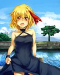  alternate_costume annoyed blonde_hair blush cloud day fang hair_ribbon highres melon22 older open_mouth red_eyes ribbon rumia short_hair sky sleeveless solo teenage touhou tree water wristband 