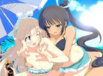  :d ;o aqua_bikini aqua_eyes bangs beach beach_umbrella bent_over bikini bikini_skirt bikini_tan black_bikini black_hair blonde_hair blush bottle breast_grab breasts cleavage cloud day eye_contact frilled_bikini frills grabbing grabbing_from_behind groping hair_ornament hair_ribbon hairclip half-closed_eyes high_ponytail holding homura_(senran_kagura) large_breasts lens_flare long_hair long_ponytail looking_at_another lotion lotion_bottle maid_headdress multiple_girls naughty_face ocean official_art one_eye_closed open_mouth outdoors palm_tree parasol parted_bangs pleated_skirt ponytail raised_eyebrows ribbon ribbon-trimmed_bikini ribbon_trim senran_kagura senran_kagura_shoujo-tachi_no_shin'ei sidelocks skirt sky smile strap_slip sun sunscreen surprised swimsuit tan tanline tree umbrella very_long_hair water wavy_hair wide-eyed wince yaegashi_nan yomi_(senran_kagura) yuri 