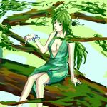  1girl bracelet breasts cleavage dress duel_monster goddess_of_whim green_dress green_eyes green_hair jewelry lowres plant plants sitting solo sukumo_(kemutai) tree yu-gi-oh! yuu-gi-ou_duel_monsters 