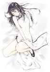  black_hair blush china_dress chinese_clothes dress iro_(waterloafer) long_hair looking_at_viewer lying md5_mismatch monochrome on_back original shoes single_shoe solo 