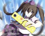  brown_hair cellphone hat heart himekaidou_hatate leon_(mikiri_hassha) long_hair phone purple_eyes short_sleeves smile solo sparkle tokin_hat touhou very_long_hair 