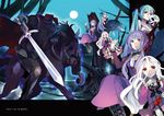  aqua_hair armor boots dress dullahan full_moon hatsune_miku horse ia_(vocaloid) long_hair looking_at_viewer moon multiple_girls musou_yuchi night pink_hair purple_hair skull smile twintails vocaloid voiceroid yuzuki_yukari zoom_layer 