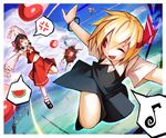  5girls angry ascot blonde_hair bow bracelet broom daiyousei detached_sleeves explosion fairy_wings fang food fruit green_hair hair_bow hair_ribbon hair_tubes hakurei_reimu hat highres jewelry kirisame_marisa multiple_girls navel ofuda one_eye_closed open_mouth outstretched_arms red_eyes ribbon rumia short_sleeves side_ponytail spark621 touhou watermelon wide_sleeves wings witch_hat wriggle_nightbug 