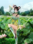  bare_shoulders black_hair brown_eyes cloud day detached_sleeves dress flower green_legwear hair_flower hair_ornament hair_rings hair_tubes leaf mountain shoes sidelocks sky smile socks solo soulcalibur soulcalibur_v strapless strapless_dress sword tree weapon yan_leixia zhangdiwaa 