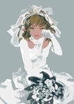  antiquewhite bouquet bridal_veil bride brown_hair dress flower grey grey_background mizuhashi_parsee open_mouth pointy_ears rose scarf short_hair simple_background solo tears touhou veil wedding_dress white_dress white_flower white_rose white_scarf 