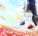 bad_id bad_pixiv_id blood blue_eyes bouquet cafe_au_lait_(kafeore) dress flower hanged highres long_hair long_sleeves multiple_girls original petals puffy_sleeves rose shoes smile tombstone tree very_long_hair white_dress white_hair 