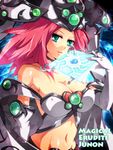  aqua_eyes bare_shoulders book breasts character_name choker cleavage covered_nipples duel_monster elbow_gloves gloves hat high_priestess_of_prophecy large_breasts long_hair looking_at_viewer midriff mugicha_(sukimachaya) navel parted_lips pink_hair solo white_gloves yuu-gi-ou 