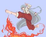  :o arm_strap barefoot bow fire fujiwara_no_mokou gazacy_(dai) hair_bow kicking long_hair pants red_eyes silver_hair solo suspenders sweatdrop touhou very_long_hair 