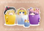 :d ^_^ alice_margatroid blonde_hair blue_hair blush chibi closed_eyes commentary_request crescent cup hairband hammer_(sunset_beach) hat in_container in_cup kirisame_marisa matching_shanghai minigirl multiple_girls o_o open_mouth outline patchouli_knowledge purple_eyes purple_hair shanghai_doll short_hair smile star touhou witch_hat 
