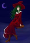 boots broom crescent_moon duel_monster green_hair hat highres light_smile long_hair moon mystical_sand nail_polish night red_eyes smile sukumo_(kemutai) witch witch_hat yu-gi-oh! yuu-gi-ou_duel_monsters 