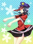  :d bad_id bad_pixiv_id blue_eyes hat jiangshi miyako_yoshika ofuda one_eye_closed open_mouth outstretched_arms purple_hair shawa short_hair skirt smile solo touhou zombie_pose 