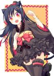  1girl animal_ears animal_tail black_hair black_legwear cat_ears cat_tail fang gradient_eyes hair_ornament hat lace lace-trimmed_thighhighs long_hair multicolored_eyes open_mouth original ribbon smile socks solo tail thighhighs top_hat 