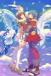  1girl baten_kaitos baten_kaitos_origins brown_eyes brown_hair butterfly_wings cloud couple dadaume feathers head_wreath hetero jewelry knee_pads kneehighs milly_(baten_kaitos) open_mouth purple_hair ring sagi_(baten_kaitos) sandals sky smile tiptoes wings 