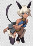  animal_ears bad_id bad_pixiv_id barefoot black_legwear blue_eyes bob_cut breasts cat_ears cat_tail checkered checkered_background claws dark_skin fang finger_to_mouth fingerless_gloves full_body gloves grin kusaka_kokage looking_at_viewer medium_breasts midriff ms._fortune_(skullgirls) navel pouch scar short_hair shushing skullgirls smile solo tail thighhighs underboob white_hair 