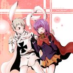  1girl adapted_costume advent_cirno animal_ears axis_powers_hetalia bunny_ears cape cross gloves headband iron_cross long_hair long_sleeves one_eye_closed open_mouth prussia_(hetalia) purple_hair red_eyes reisen_udongein_inaba silver_hair touhou v 