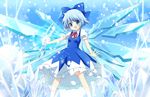  blue_eyes blue_hair blush bow cirno dress hair_bow ice ice_wings kurot open_mouth short_hair short_sleeves smile solo touhou wings 