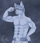  african_wild_dog anthro belt biceps canine cashen clothing flexing fur grin hair looking_at_viewer male mammal monochrome muscles pants pecs pose smile solo standing toned topless unknown_artist 