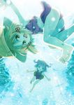  :d backpack bag blonde_hair blue_hair chaba_(hortensia) hair_bobbles hair_ornament hair_ribbon hat kawashiro_nitori key moriya_suwako multiple_girls one-piece_swimsuit open_mouth ribbon short_hair short_twintails skirt smile swimsuit touhou twintails two_side_up underwater 