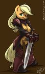  anthrofied applejack_(mlp) armor atryl breasts equine female friendship_is_magic horse mammal my_little_pony pony pussy solo sword unconvincing_armor weapon 