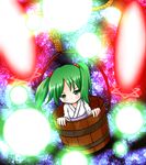  bita blush bucket danmaku green_eyes green_hair hair_bobbles hair_ornament in_bucket in_container kisume long_sleeves rope short_hair solo touhou twintails wooden_bucket 