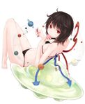  asymmetrical_wings barefoot bikini black_bikini black_hair eating feet food houjuu_nue leaning_back looking_back lying navel on_back planet popsicle red_eyes short_hair soles solo space_craft space_shuttle swimsuit touhou ufo wings yushika 