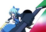  absurdres adapted_costume advent_cirno blue_eyes blue_hair bow cirno dual_wielding gloves hair_bow highres holding long_sleeves open_mouth short_hair short_sleeves solo sword touhou walhalla weapon white_background 