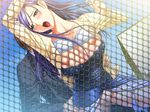  1boy 1girl blush bra breasts censored erect_nipples fence game_cg inchiki_reibaishi long_hair nipples open_mouth outdoors panties panties_around_leg penis purple_hair pussy sex sky sweat underwear waffle 