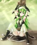  armpits battle_sister_eclair belt boots cardfight!!_vanguard fingerless_gloves gloves green_eyes green_hair headdress long_hair nun oracle_think_tank panties pantyshot pointy_ears sukumo_(kemutai) thighhighs tied tied_up underwear upskirt 