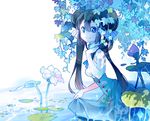  alternate_costume blue_dress blue_eyes brown_hair double_bun dress hair_ribbon leaf lily_pad long_hair looking_at_viewer mei_(pokemon) pokemon pokemon_(game) pokemon_bw2 pokewood ribbon shuri_(84k) smile solo tree water 