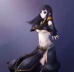  1girl black_hair black_sclera blue_eyes breasts carly_nagisa corruption dark_persona gloves highres long_hair midriff pale_skin sukumo_(kemutai) underboob white_skin yu-gi-oh! yuu-gi-ou_5d&#039;s yuu-gi-ou_5d's 