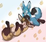  &lt;3 blue_fur canine cookie duo fennec fox fur keihound licking licking_lips lying mammal on_back tan_fur tongue 