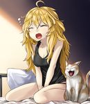  ahoge bad_id bad_pixiv_id bed blonde_hair blush breasts cat cleavage closed_eyes commentary fang kyon_(fuuran) long_hair medium_breasts messy_hair open_mouth original panties pillow sitting sleepy solo tank_top underwear v_arms wariza yawning 