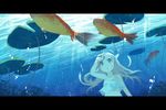  arms_up bad_id bad_pixiv_id blonde_hair blue_eyes bubble fish ika lily_pad long_hair looking_up open_mouth original solo submerged underwater 