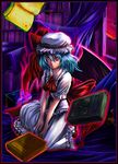  animal bad_id bad_pixiv_id bat blue_hair book bookshelf curtains fuyunotete hat puffy_sleeves red_eyes remilia_scarlet short_hair short_sleeves sitting solo touhou window 