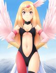  1girl blonde_hair breasts cleavage duel_monster feathers harpie_girl heart highres komimiyako komitsu long_hair navel pink_wings purple_eyes smile solo wings yu-gi-oh! yuu-gi-ou_duel_monsters 