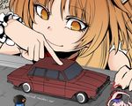  blue_hair brown_eyes brown_hair car english giantess ground_vehicle hat hinanawi_tenshi ibuki_suika motor_vehicle multiple_girls nagae_iku purple_hair ribbon smile tetsua_rei touhou 