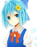  bad_id bad_pixiv_id blue_hair blush bow cirno detached_wings flower hair_bow hair_ornament ice ice_wings naran puffy_sleeves short_hair short_sleeves solo symbol-shaped_pupils touhou white_background wings 