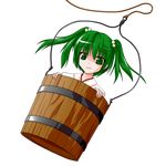  alphes_(style) bucket green_eyes green_hair hair_bobbles hair_ornament in_bucket in_container kisume koki110-6 parody pointy_ears rope short_hair smile solo style_parody touhou twintails wooden_bucket 
