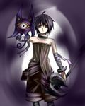  1boy ahoge bandage belt black_hair dharc duel_monster purple_eyes short_hair shorts staff sukumo_(kemutai) wings yu-gi-oh! yuu-gi-ou_duel_monsters 