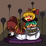  bbb_(33kudo) blonde_hair bow bucket green_hair hair_bobbles hair_bow hair_ornament in_bucket in_container kisume kurodani_yamame long_sleeves open_mouth red_eyes rock short_hair sitting solo touhou twintails wooden_bucket 