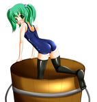  bad_id bad_pixiv_id black_legwear blush bucket green_eyes green_hair highres in_bucket in_container kisume one-piece_swimsuit open_mouth school_swimsuit shiny shiny_clothes short_hair skindentation solo swimsuit tera_hiroshi thighhighs touhou twintails white_background wooden_bucket 