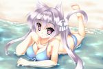  animal_ears bikini blush bow breasts cat_ears cat_tail cleavage collarbone hair_bow large_breasts long_hair looking_at_viewer original pink_eyes pink_hair smile solo sumikaze swimsuit tail twintails 