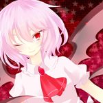  ajiriko ascot bad_id bad_pixiv_id banned_artist bat_wings one_eye_closed pink_hair puffy_sleeves red_eyes remilia_scarlet short_hair short_sleeves smile solo touhou wings 