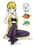  bare_shoulders black_legwear blonde_hair blue_eyes gym_leader headphones highres kamitsure_(pokemon) pantyhose pokemon pokemon_(game) pokemon_bw sitting sukumo_(kemutai) 