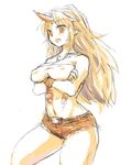  alternate_costume bare_shoulders breasts chain contemporary covered_nipples crossed_arms cuffs horn hoshiguma_yuugi large_breasts long_hair monochrome navel open_mouth pointy_ears sape_(saperon_black) shackles shorts sketch slit_pupils solo touhou very_long_hair 