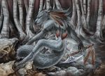  canine feather forest grin male mammal nude pigtails rukis scenery solo tree weapon wolf wood 