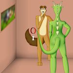  [resemting blue_eyes canine collar dog dragon duo eye_contact female hand_on_hip horn housepets! interspwg kaspersa male mammal nervous nude nullo peanut_butter_(housepets!) presenting spikes spirit_dragon_(housepets!) standing straight tail_hold wall_art webcomic 