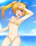  bikini blonde_hair blush borrowed_character cloud day headphones highres long_hair one_eye_closed open_mouth original purple_eyes salute shimo_(depthbomb) side_ponytail sky smile solo striped striped_bikini swimsuit water wet 