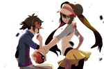  1girl brown_hair destruction double_bun grin holding holding_poke_ball jacket kyouhei_(pokemon) legwear_under_shorts long_hair mei_(pokemon) pantyhose poke_ball poke_ball_(generic) pokemon pokemon_(game) pokemon_bw2 raglan_sleeves ribbon shorts shuri_(84k) smile smirk twintails very_long_hair visor_cap 